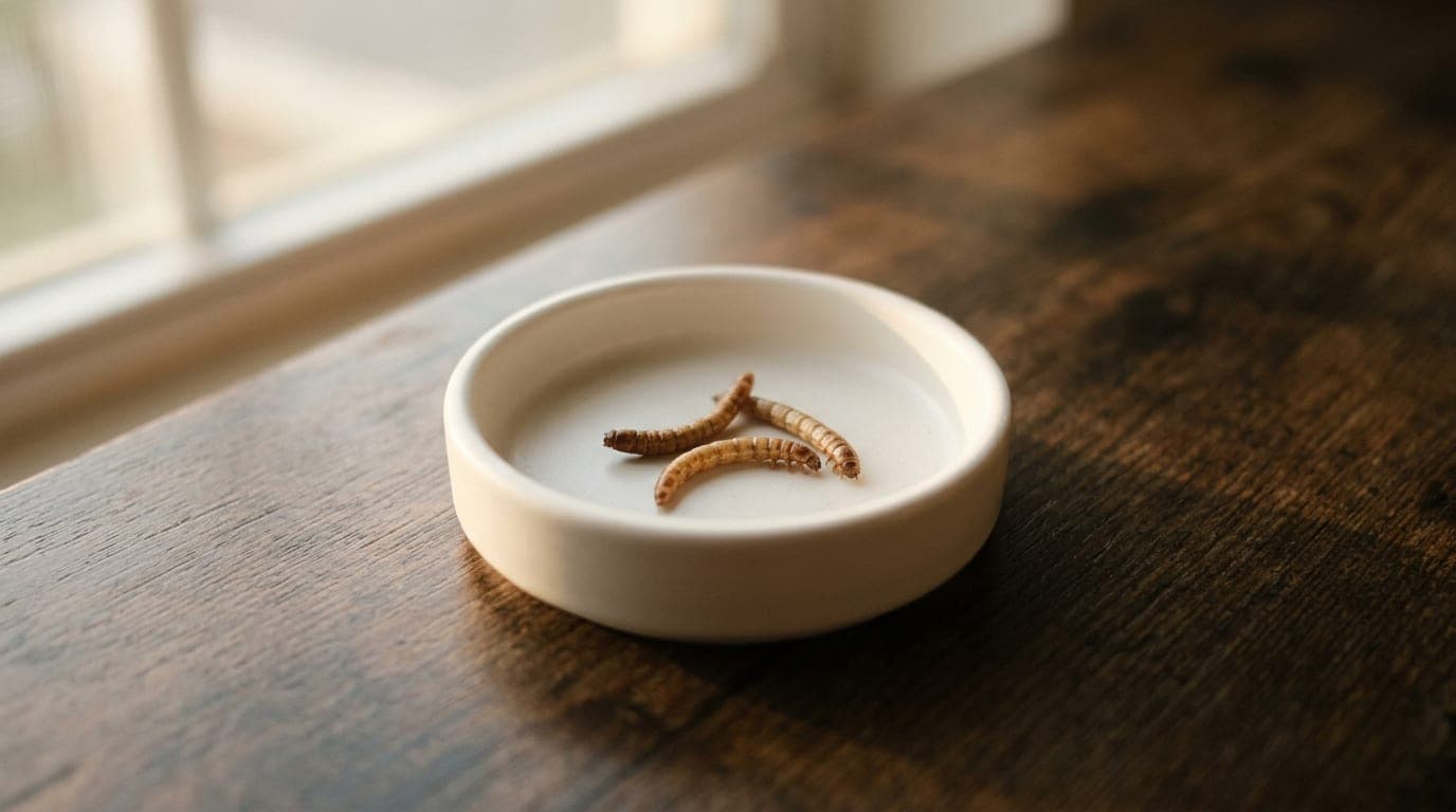 Three dried mealworms in a small white ceramic dish on a wood surface — visualizing the safe portion size
