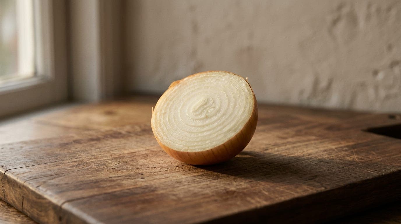 A halved yellow onion on a wood cutting board — neutral editorial photograph