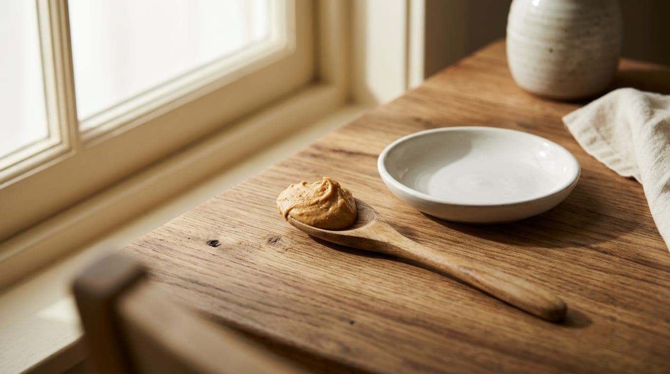 A small dollop of creamy beige peanut butter on a wooden spoon — neutral editorial photograph
