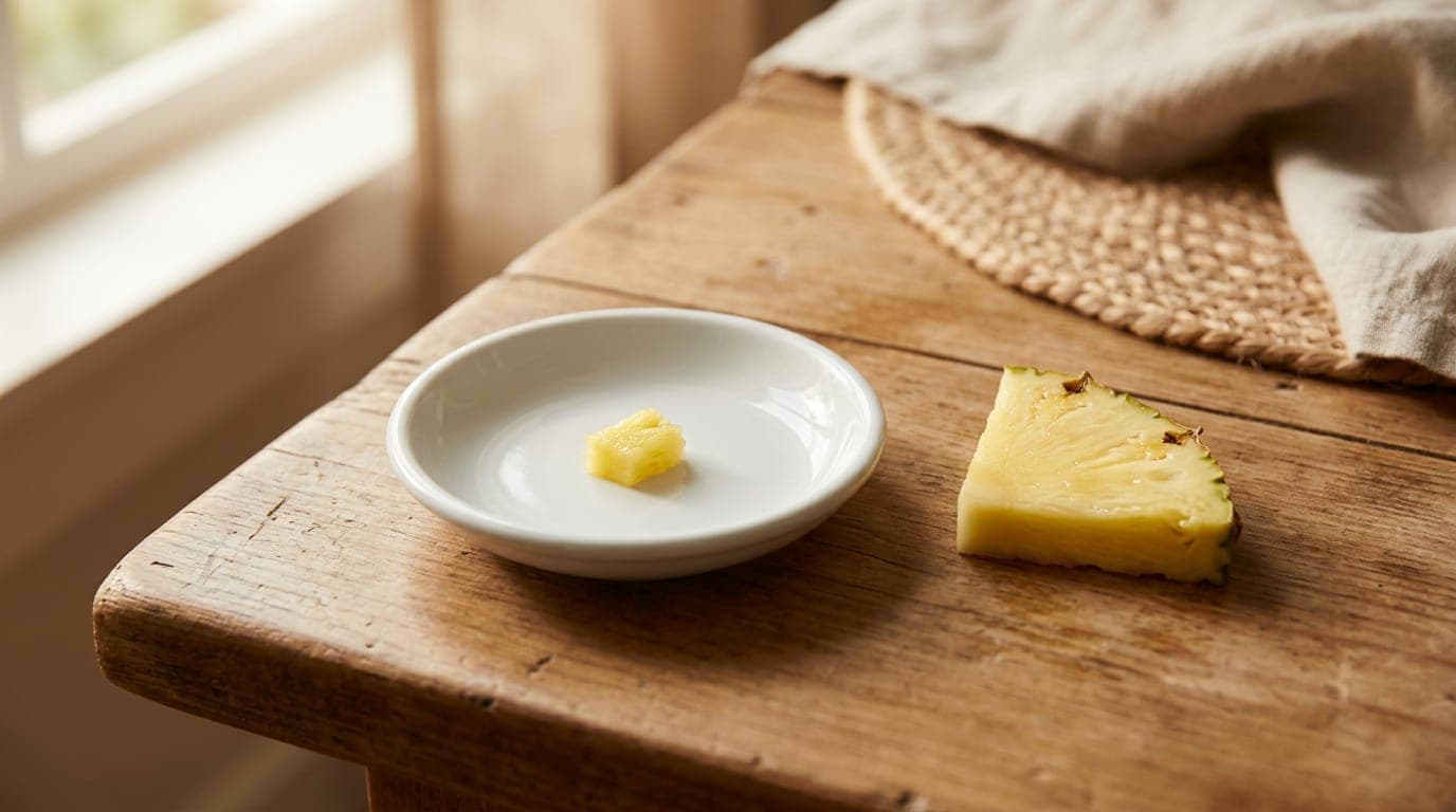 A piece of fresh pineapple flesh smaller than a pea on a small white ceramic dish — cautionary editorial photograph
