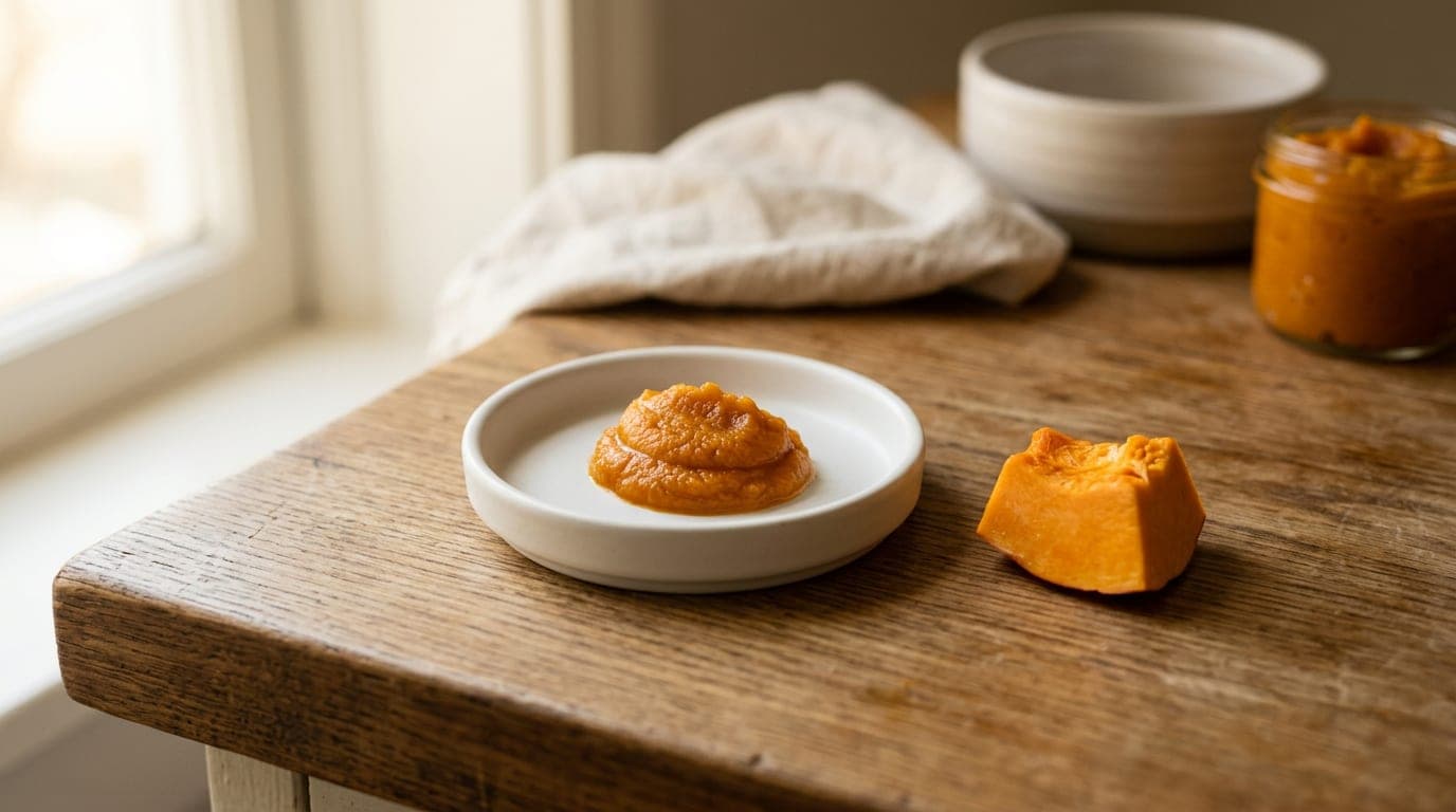 A half-teaspoon of pure plain pumpkin on a small white ceramic dish on a wood surface