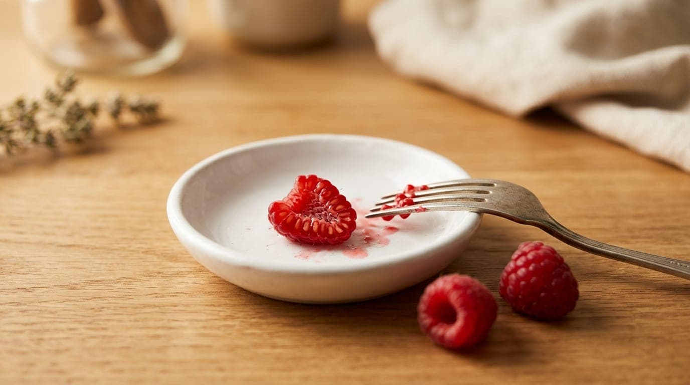 Half a fresh raspberry, lightly mashed, on a small white ceramic dish beside whole raspberries for scale