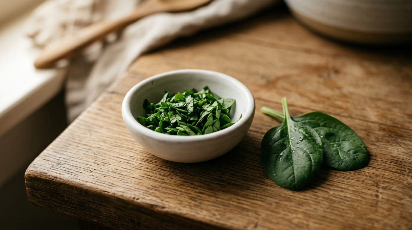 A single small fresh spinach leaf finely chopped on a small white ceramic dish — neutral editorial photograph