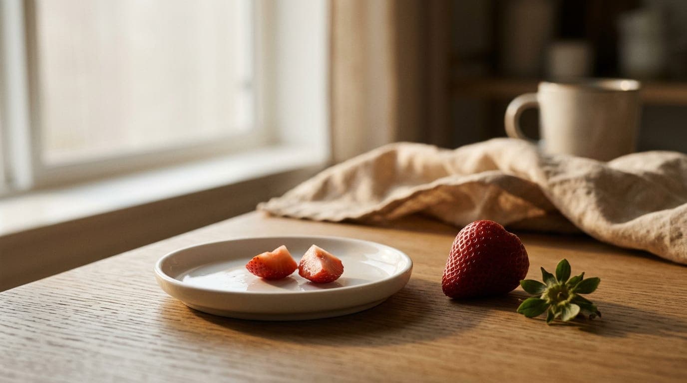 Two pea-sized pieces of fresh strawberry on a small white ceramic dish, with the green leafy top of a whole berry removed and set aside