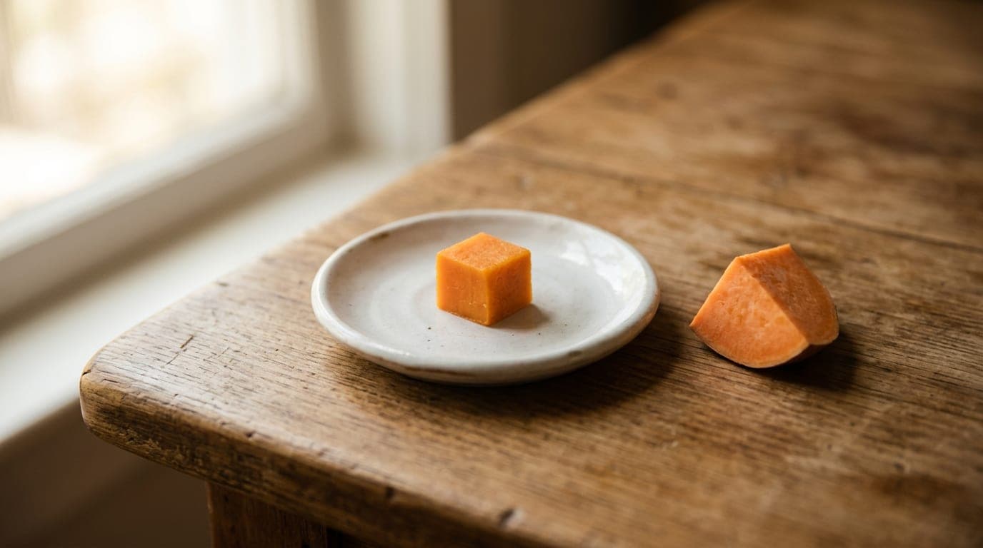 A pea-sized cube of plain cooked sweet potato on a small white ceramic dish, beside peeled raw sweet potato for scale