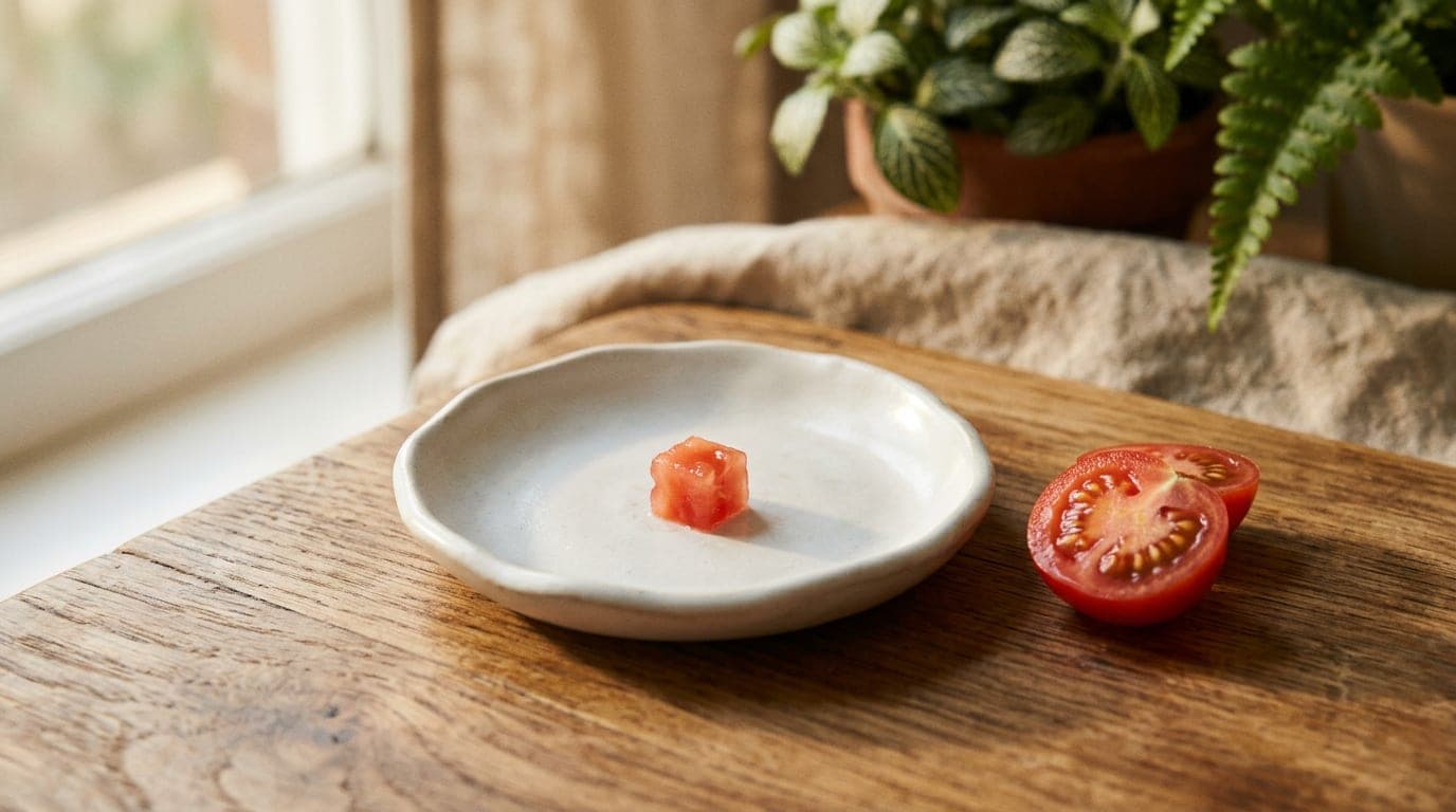 A pea-sized cube of fresh red ripe tomato flesh on a small white ceramic dish, beside a halved tomato for scale