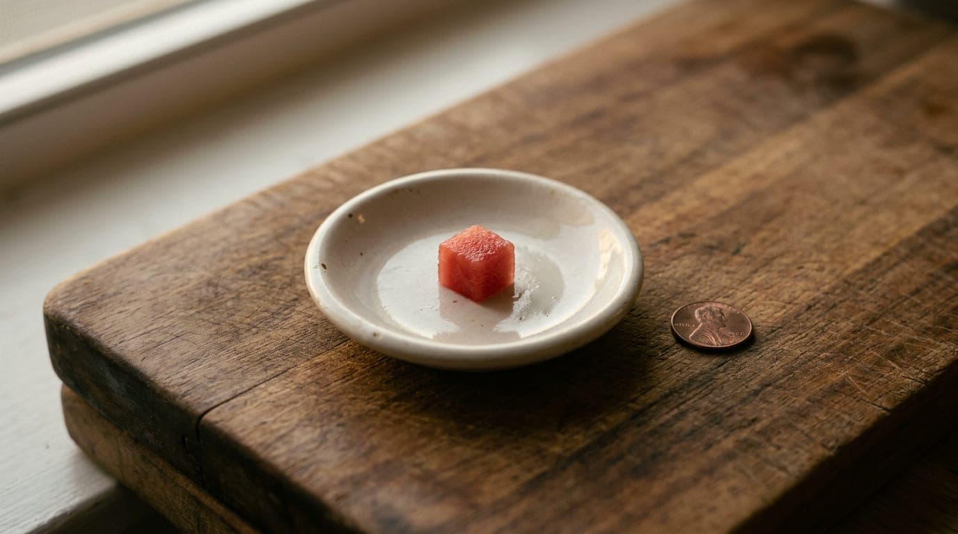 A pea-sized cube of red watermelon flesh on a small white ceramic dish, beside a penny for scale