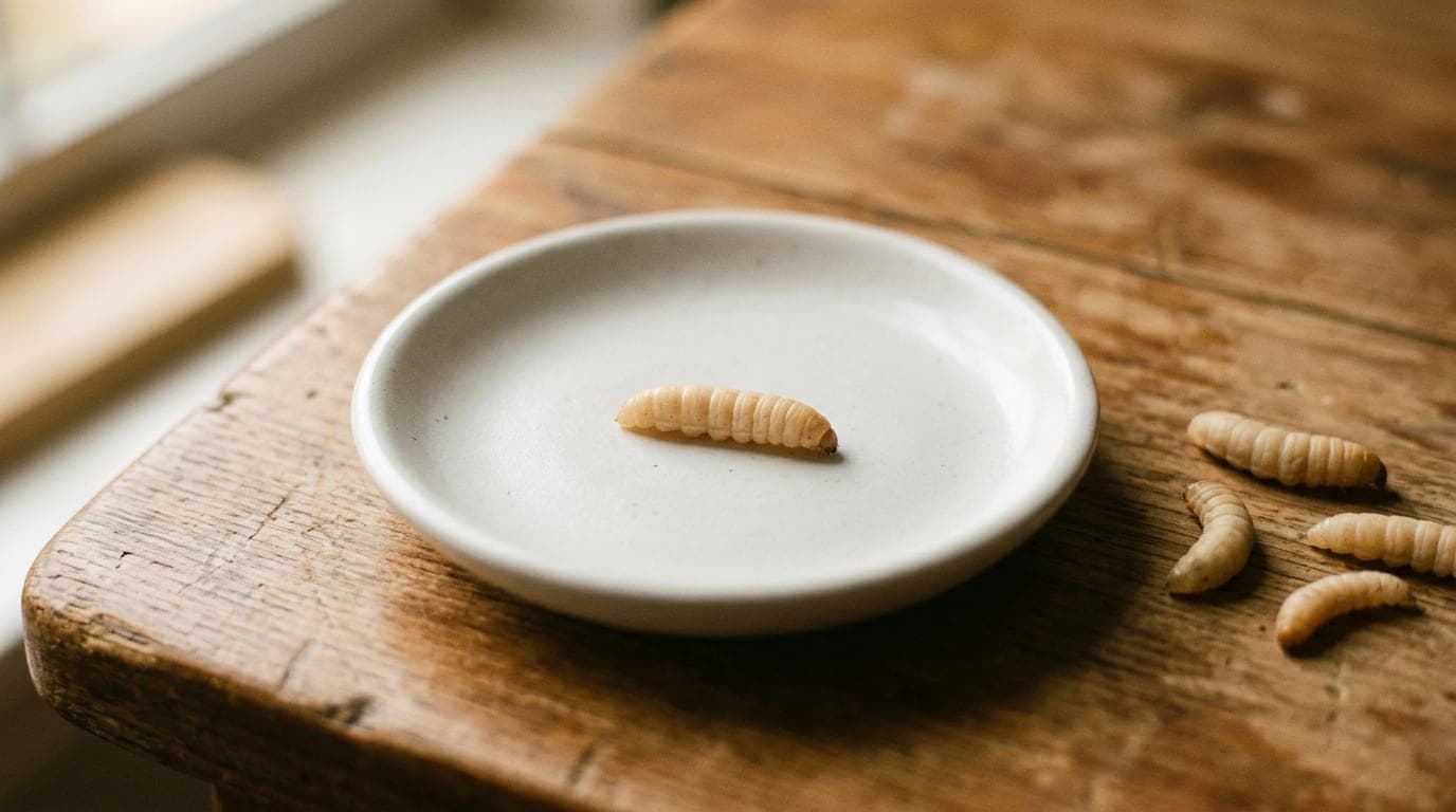 A single waxworm larva on a small white ceramic dish — neutral editorial photograph showing portion control