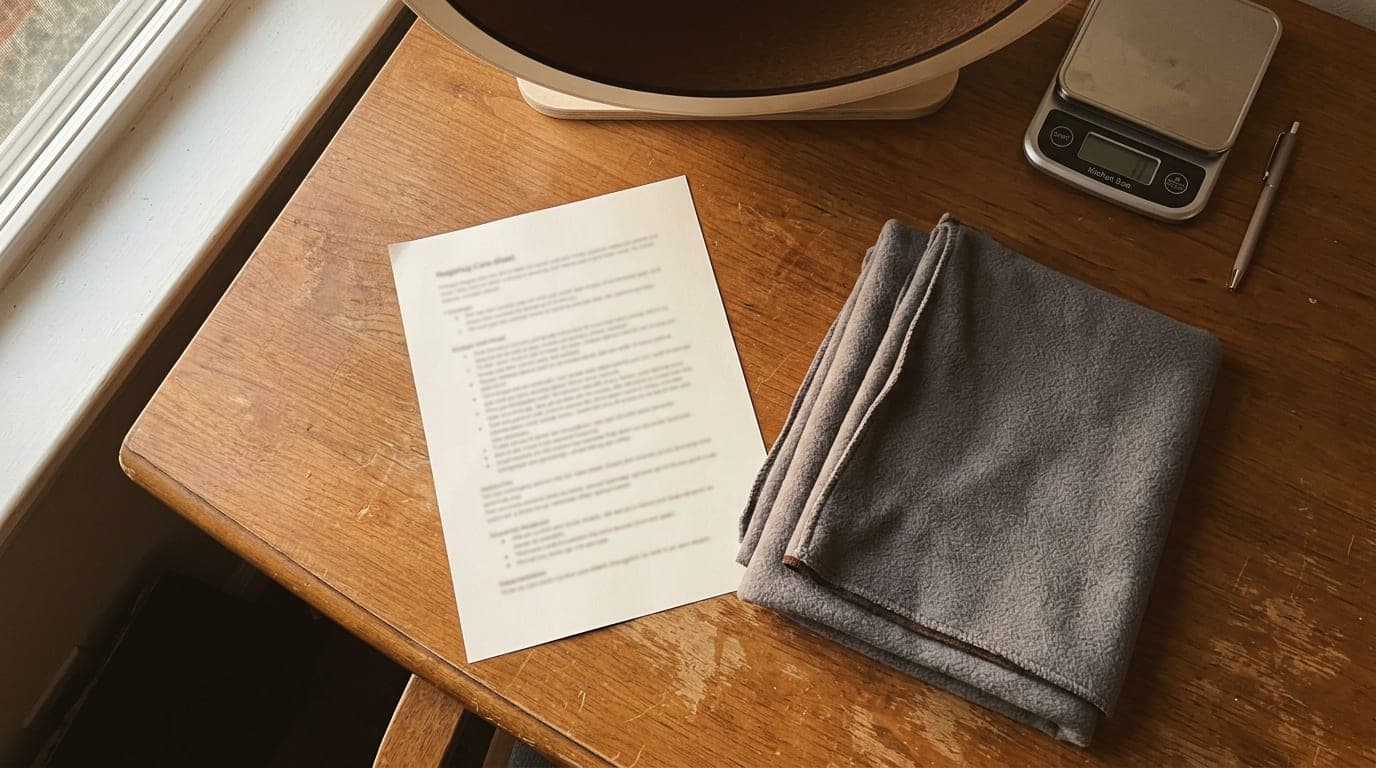A printed hedgehog care sheet on a sunlit wooden desk beside a folded grey fleece liner, a digital kitchen scale, and a pen, with the edge of a running wheel behind
