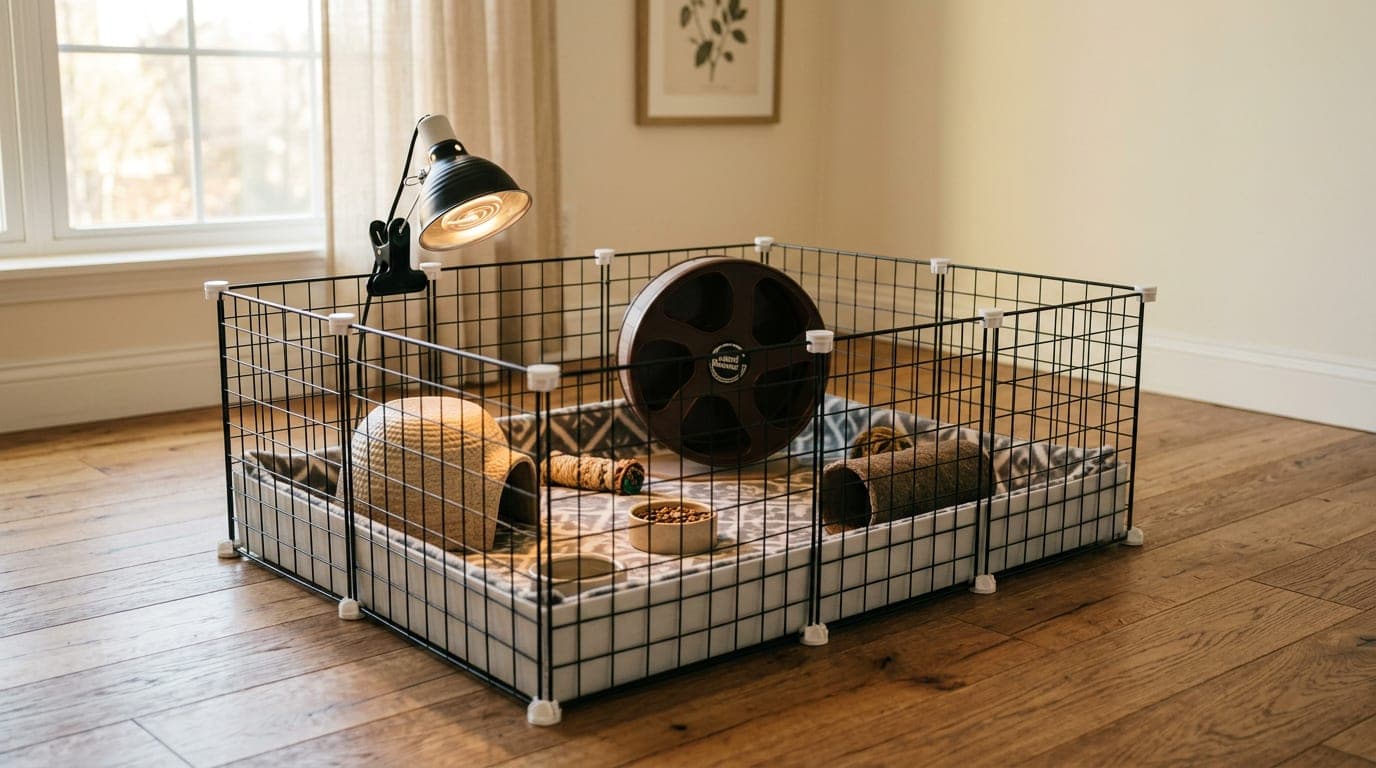 A fully-set-up C&C grid hedgehog cage on the floor, with a wheel, hide, food and water dishes, and a ceramic heat emitter visible above